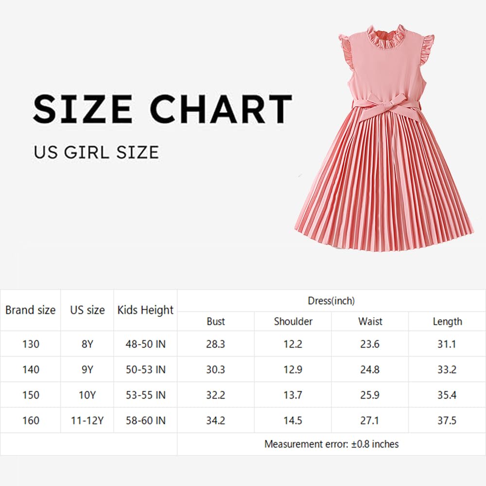 Wholesale Girls' Summer Dress, Ruffle Collar Sleeveless Solid Color Pleated Skirt with Belt Sweet Dress 8-12 Years