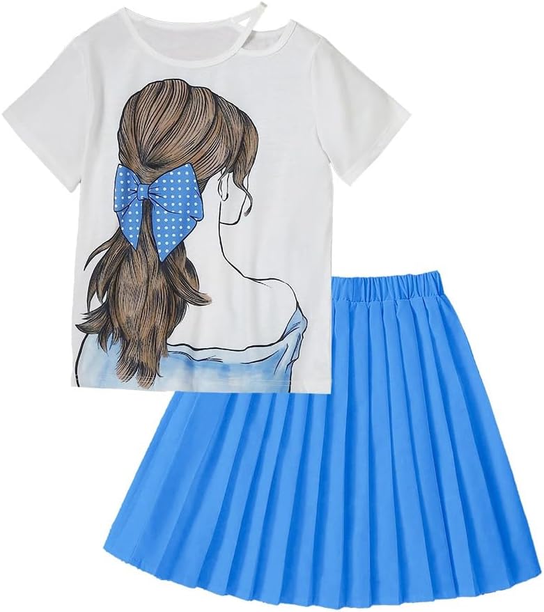 Wholesale Girls' Summer Dress Set - White Silhouette Top & Blue Pleated Skirt two-piece set 8-12 Years