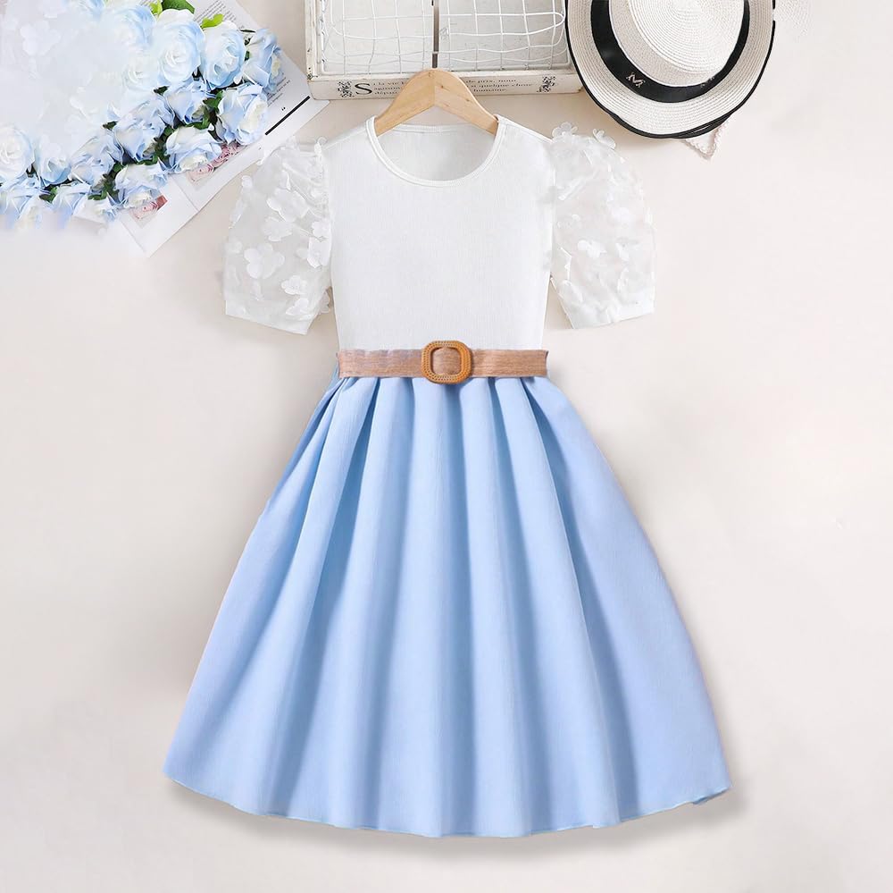 Wholesale Girls' Dress, White Flower Gauze Sleeves, Round Neck, Light Blue Dress Girl Child Skirt, Girls Party Outfit 8-12 Years