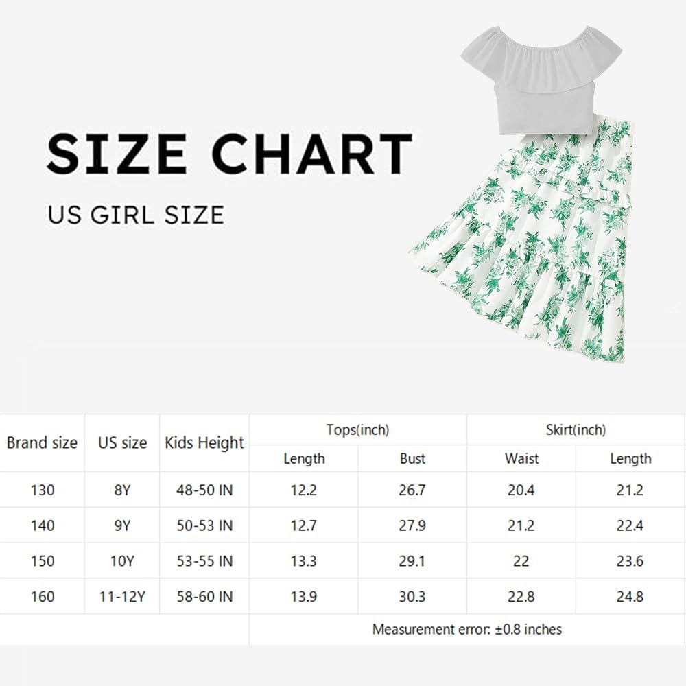 Wholesale Girl's 2 Piece Outfit White Ruffle Off-Shoulder Crop Top and Boho Green Floral Skirt Summer Dress 8-12 Years