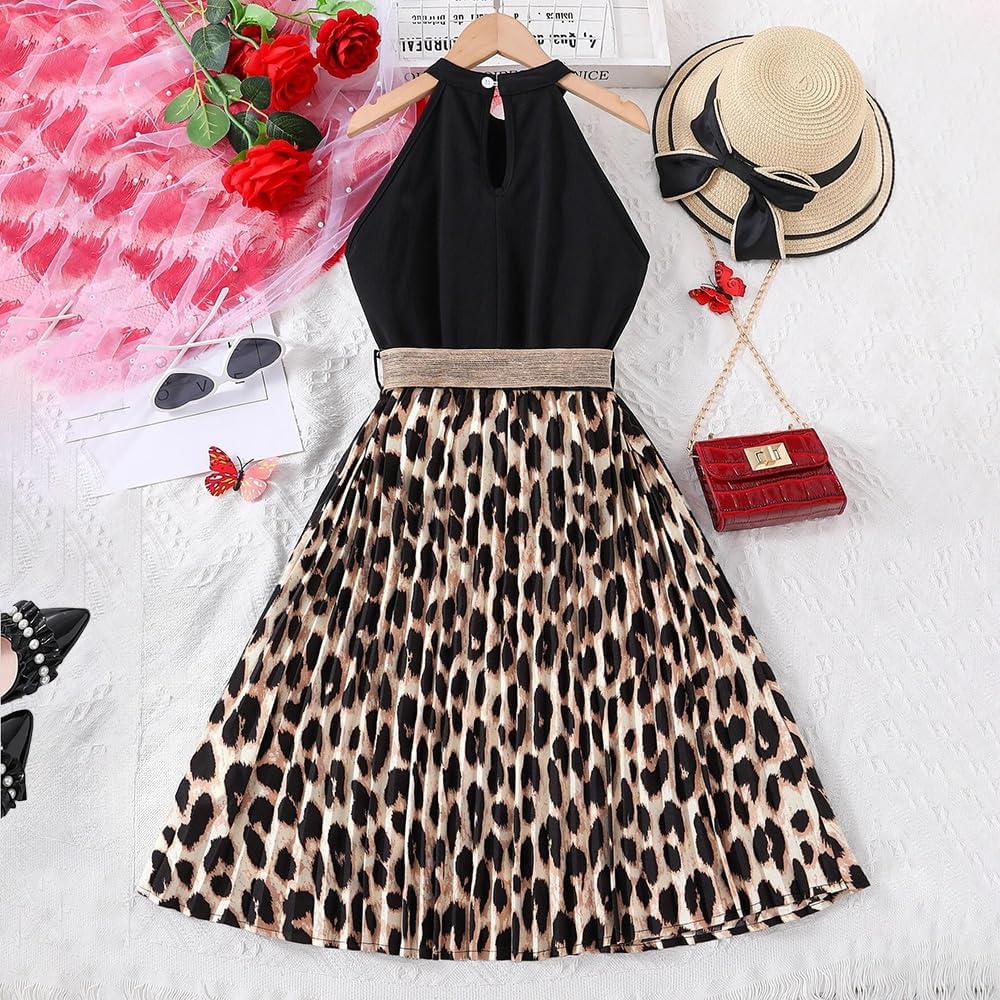 Wholesale Girls' Dress, Leopard Print Sleeveless Dress Sleeveless Hanging Neck Dress with Belt Decoration 8-12 Years