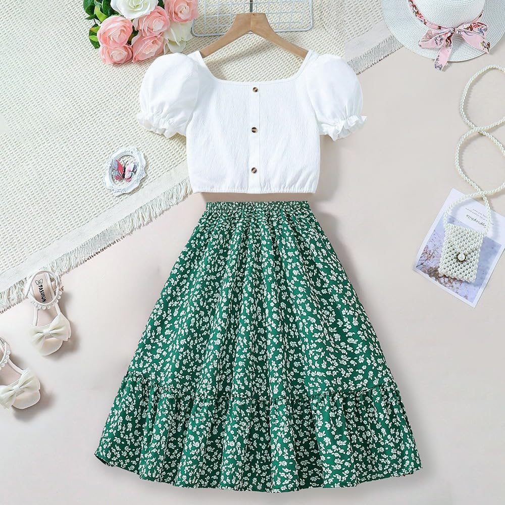 Wholesale Girls' Skirt Sets 2 Piece Outfit White Puff Sleeve Short Top GreenFloral Ruffle Skirt for 7-13 Years