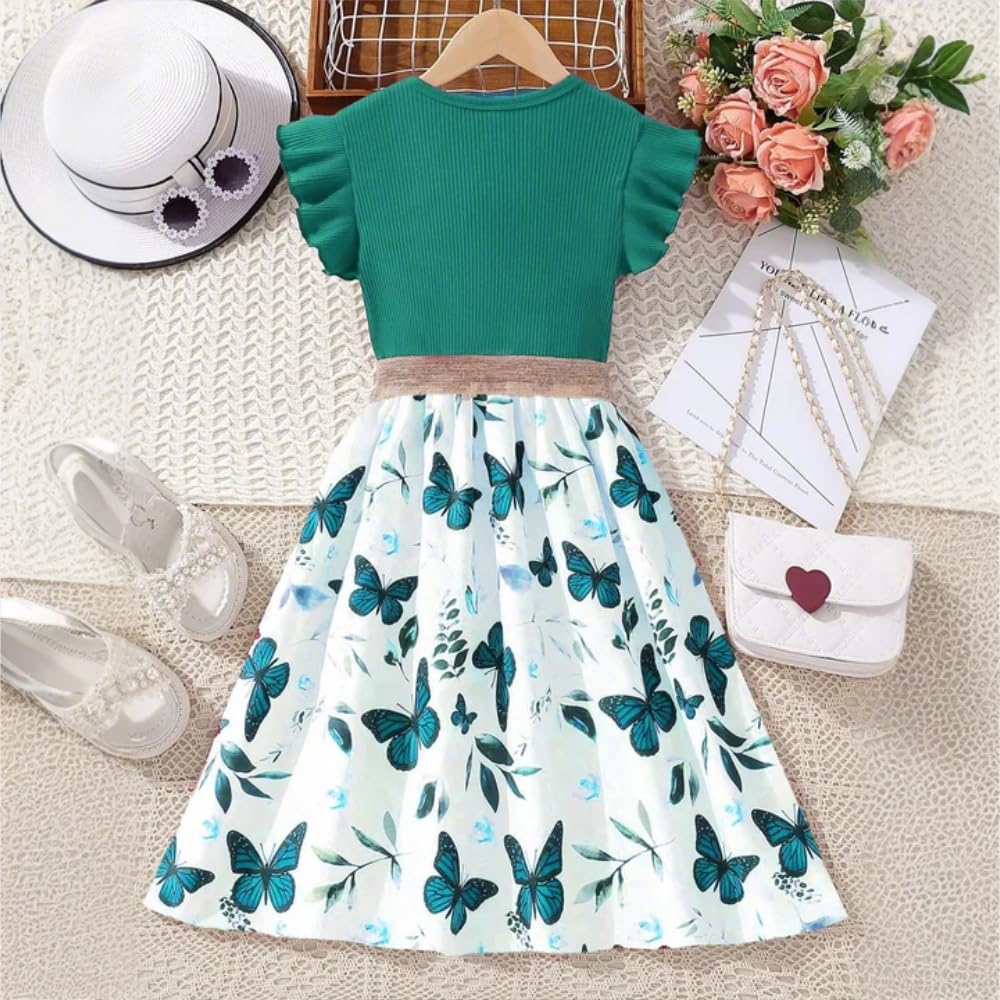 Wholesale Girls' Dress Round Neck Floral Cuffs A-line Long Dress Butterfly Print Dress Female Children's Dress 7-13 Years