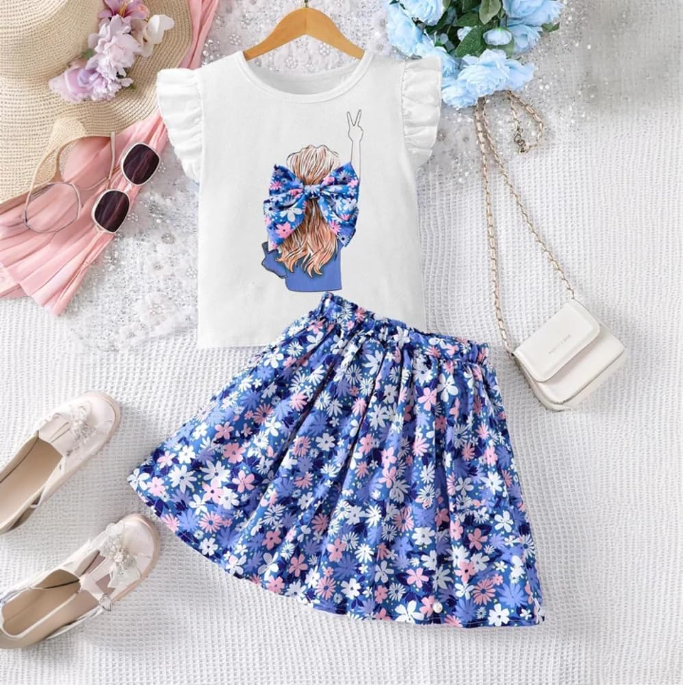 Wholesale Girls' 2 piece outfit, white ruffle sleeves printed top, blue floral skirt, skirt skirt set 7-13 Years