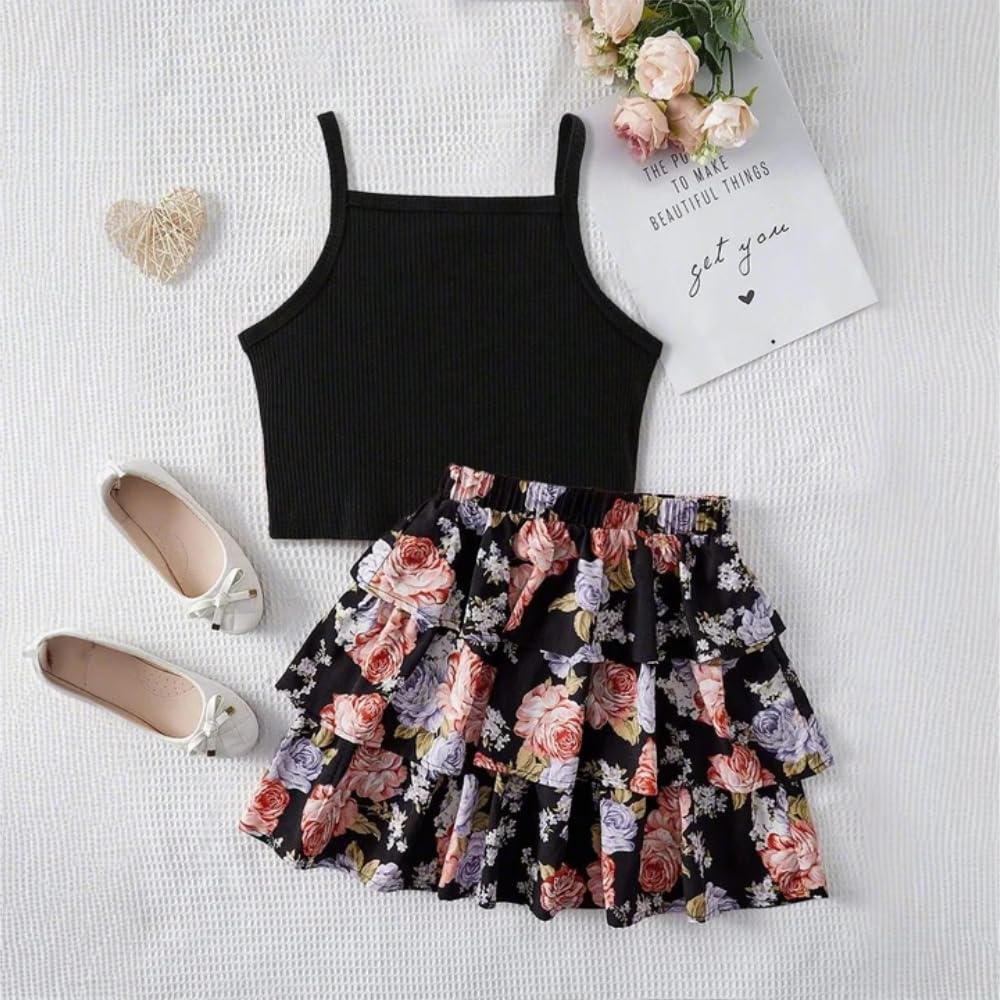 Wholesale Girls' Summer 2 piece outfit, black camisole top printed cake short skirt two-piece suit 7-13 Years