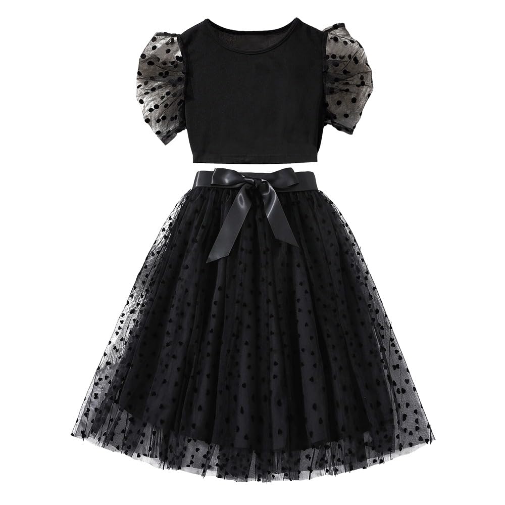 Wholesale Girls' Skirt Set Black Mesh Dress with Puff Sleeve & Double Mesh Princess Skirt Sets 7-13 Years