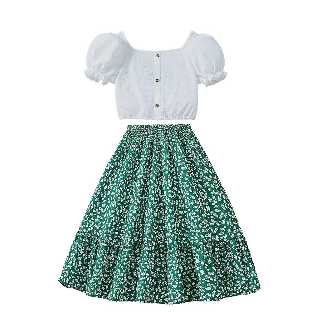 Wholesale Girls' Skirt Sets 2 Piece Outfit White Puff Sleeve Short Top GreenFloral Ruffle Skirt for 7-13 Years