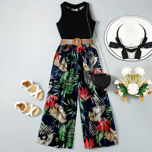 Wholesale Summer Girls' Outfit Camisole Top Backless Sleeveless Spaghetti Strap Tank Top and Leaf Printed Pants Clothing Set