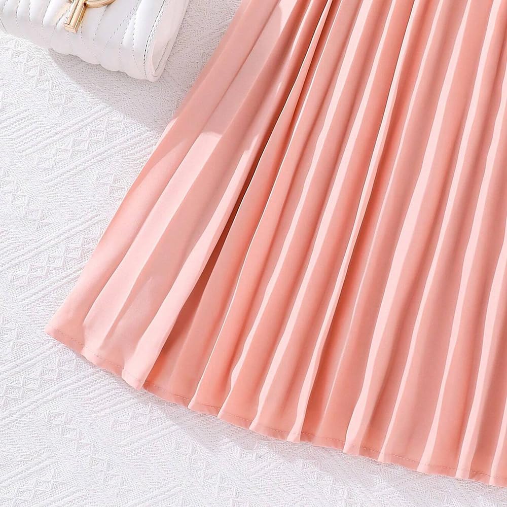 Wholesale Girl's Casual Dress with White Lace Sleeves Off-The-Shoulder Top Pink Pleated Long Dress for 8-12Y