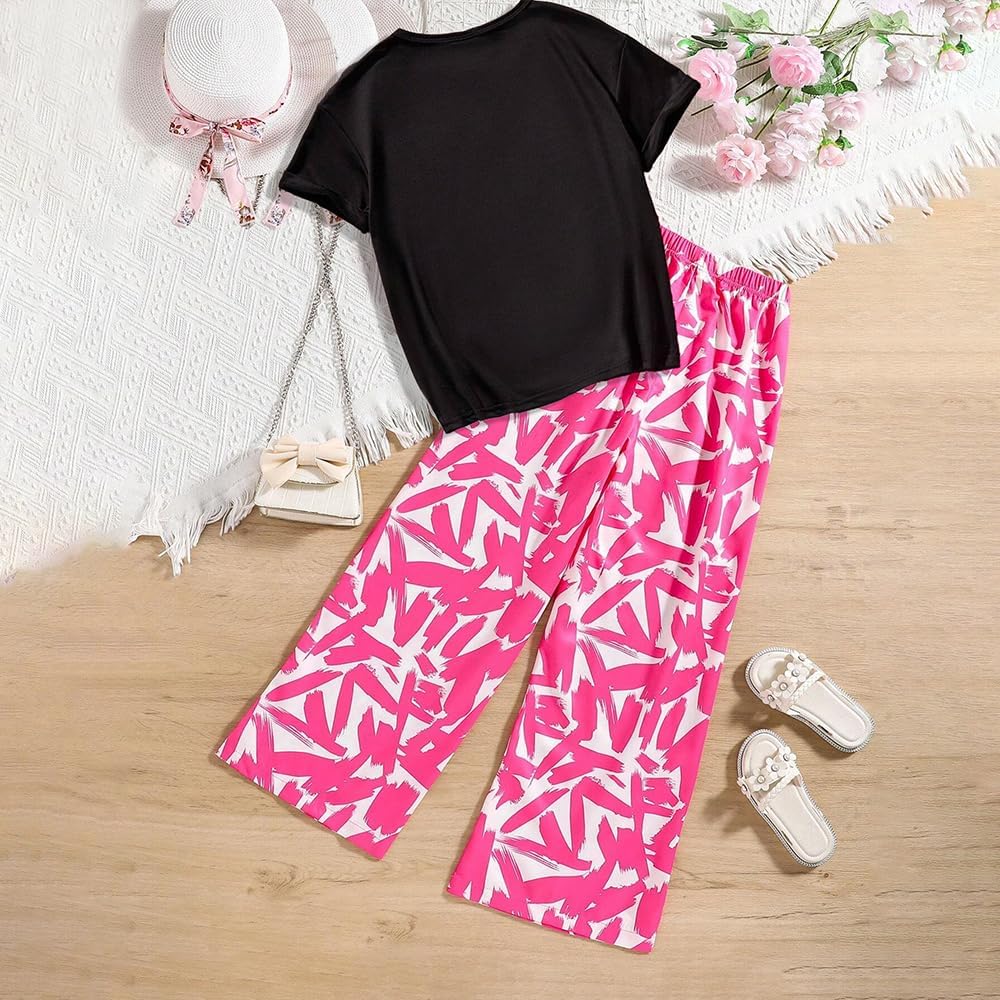 Wholesale Girls' Summer 2 Piece Outfit Pants kit, Heart Pattern T-shirt and Split Hem Flared Pants Clothing Set Size 8-12 Years