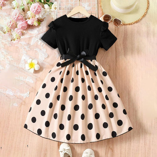 Wholesale Girls' Summer Short Sleeved Dress, Polka dot Print Dress, Black Dress for 8-12 Years