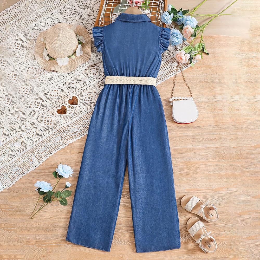 Wholesale Girls' Casual Denim Overall Jumpsuits Sleeveless Collared Neck Wide Leg Pants Jumpers with Belt 7-13 Years