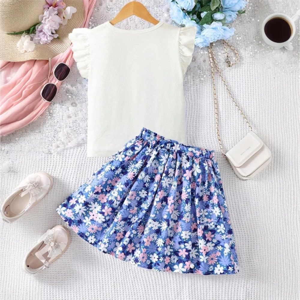 Wholesale Girls' 2 piece outfit, white ruffle sleeves printed top, blue floral skirt, skirt skirt set 8-12 Years