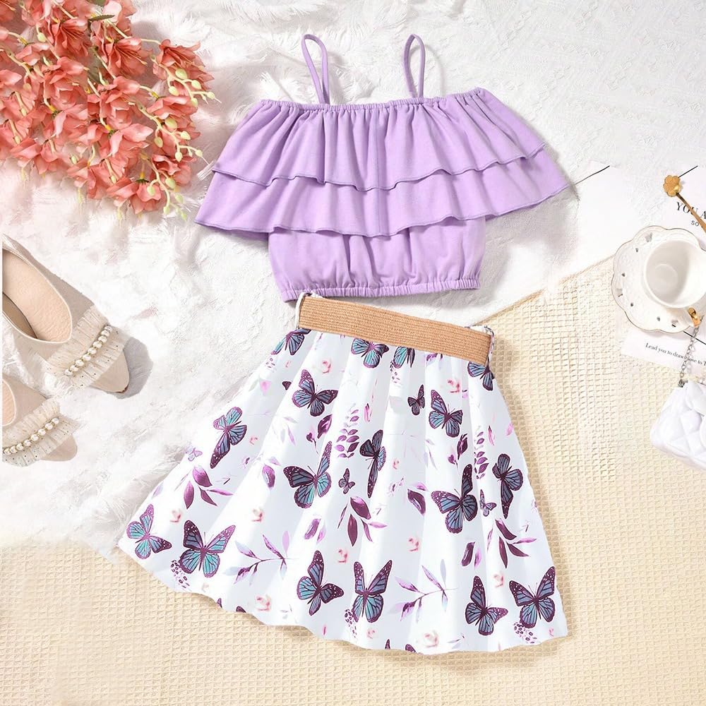 Wholesale Girl's 2 Pieces Outfits one-shoulder suspender purple Layered Crop Top and butterfly print skirt set 8-12 Years