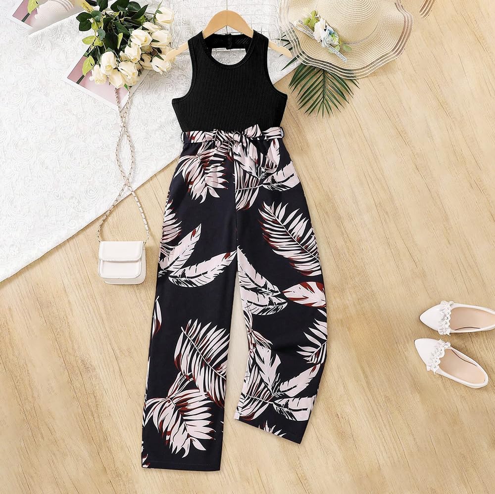 Wholesale Girls 2 Pieces Outfits Kids Black Sleeveless Neckline Top and Printed Pants Set 8-12 Years