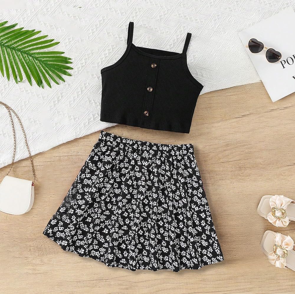 Wholesale Girls' 2 Piece Outfits Summer Skirt Sets Black Suspender Top with Floral Knee Length Skirt for 7-13 Years