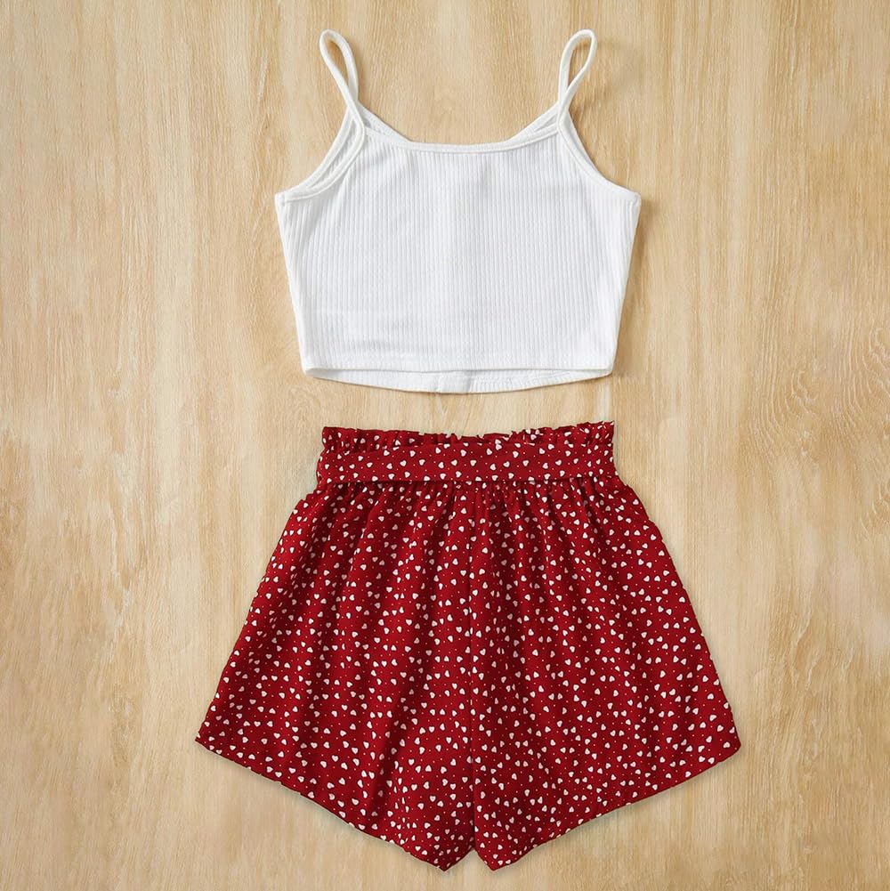 Wholesale Girl's Summer 2 Piece Outfits Cami Crop Top Spaghetti Strap Tank Top and White Farpoint Print Red Shorts 8-12 Years