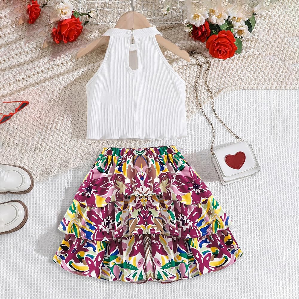 Wholesale Girls' Dress, Sleeveless Lace White Top Printed Cake Skirt Small Skirt Girls Big Kids Two-piece Set 8-12 Years