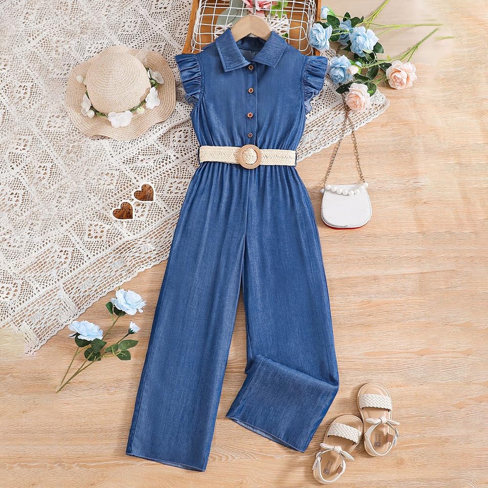 Wholesale Girls' Casual Denim Overall Jumpsuits Sleeveless Collared Neck Wide Leg Pants Jumpers with Belt 7-13 Years