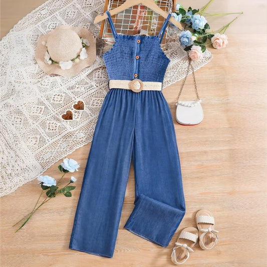 Wholesale Summer Girls' Camisole Jumpsuit, Square Neck Strap Sleeveless Top and Wide Leg Pants Comfy Outfit Size 8-12 Years