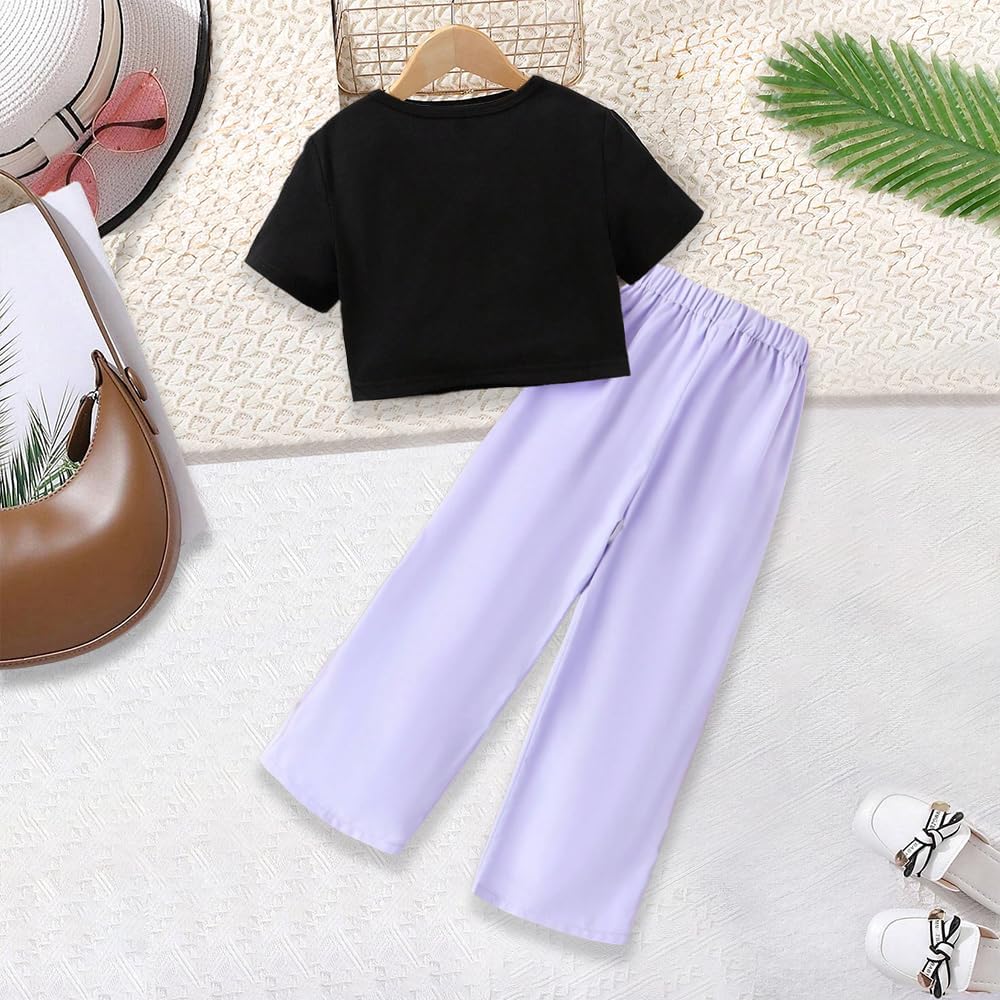 Wholesale Girls' Dress, Summer 2 Pcs Outfit Butterfly Pattern Print T-Shirt Sleeve Shorts and Purple Button Up Loose Pants 8-12 Years