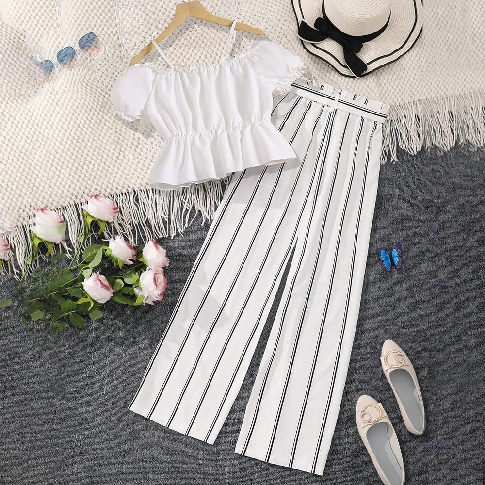 Wholesale Summer Girl's Summer 2 Piece Outfits, White Halter One Shoulder Top and Striped Pants Clothing Set 8-12 Years