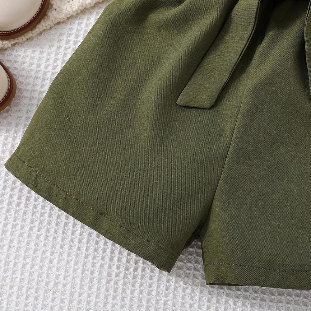 Wholesale Girls 2 Piece Casual Outfit Black Round Neck Tank Top with Paper Bag Waist Army Green Shorts Set 8-12 Years