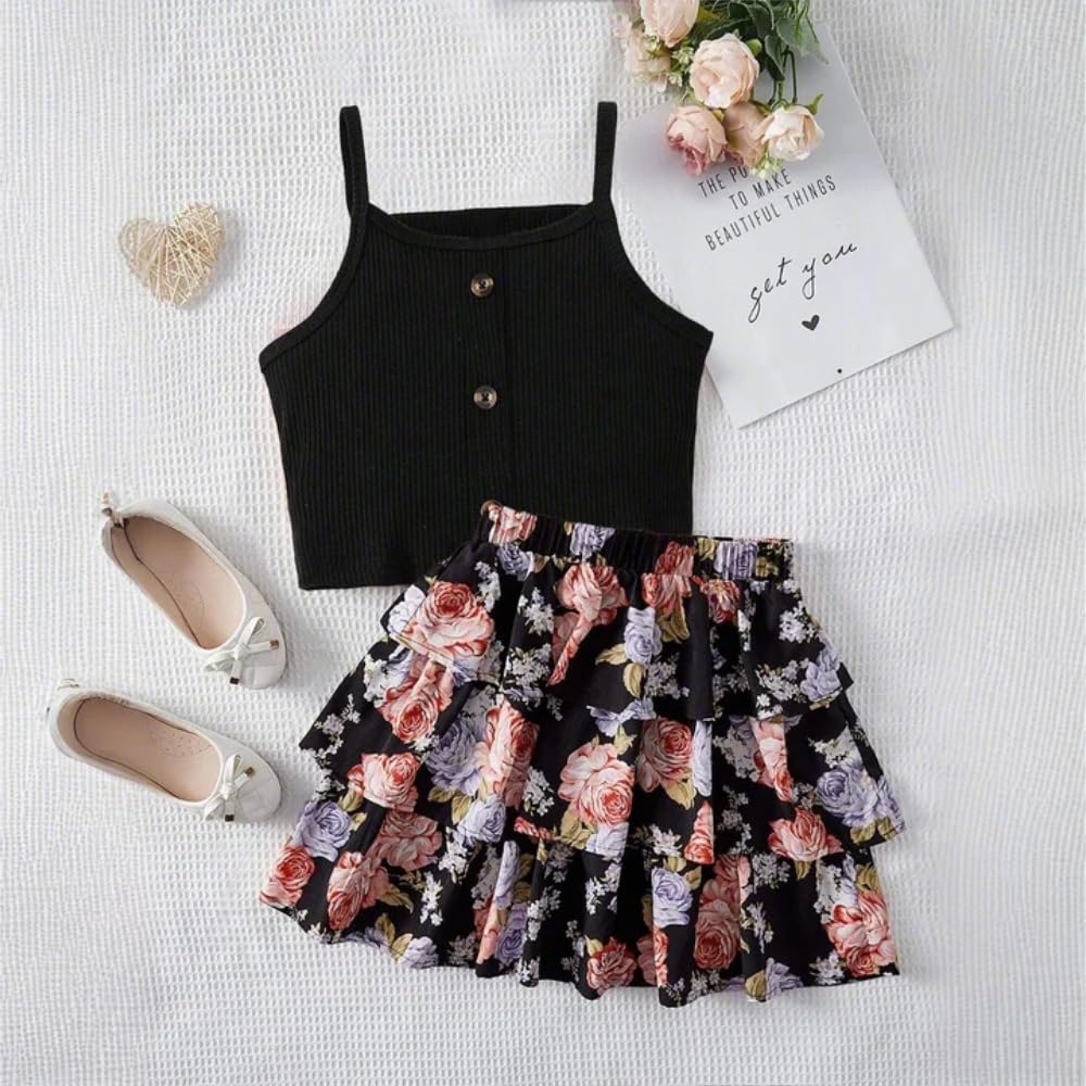 Wholesale Girls' Summer 2 piece outfit, black camisole top printed cake short skirt two-piece suit 7-13 Years