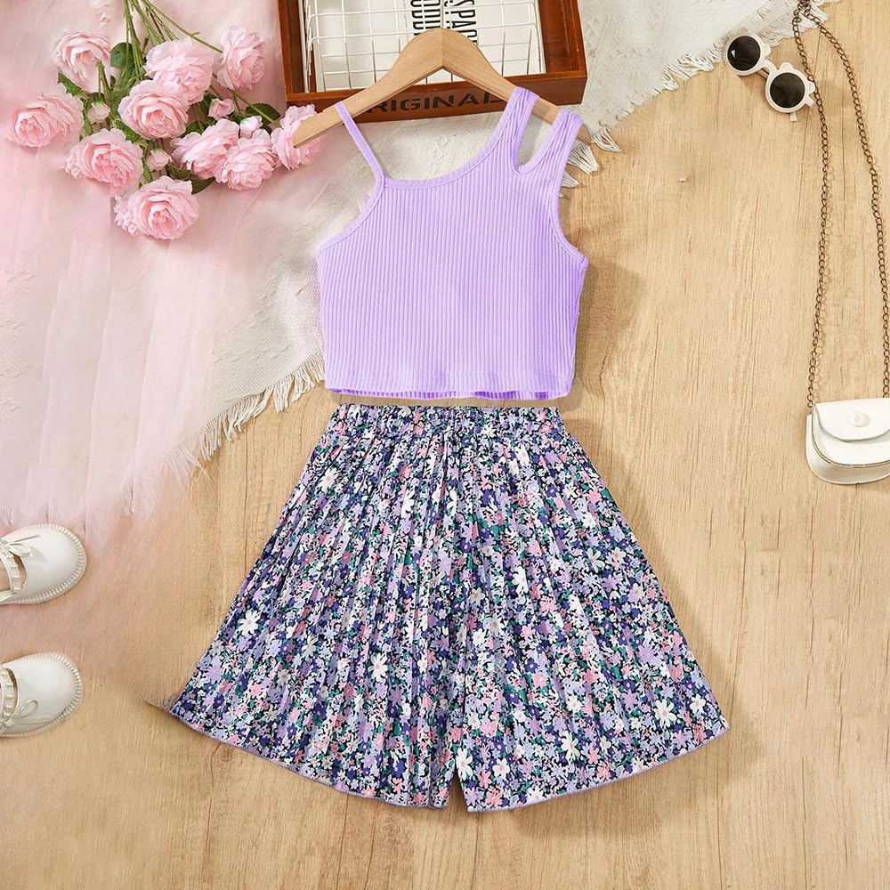 Wholesale Girl's Summer 2 Piece Outfits Short Sets Purple Vest Cami Crop Top Floral Printed Shorts 8-12 Years