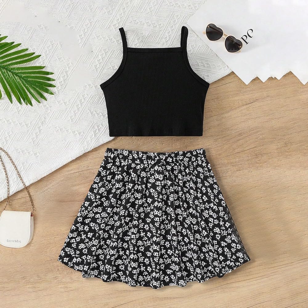 Wholesale Girls' 2 Piece Outfits Summer Skirt Sets Black Suspender Top with Floral Knee Length Skirt for 7-13 Years