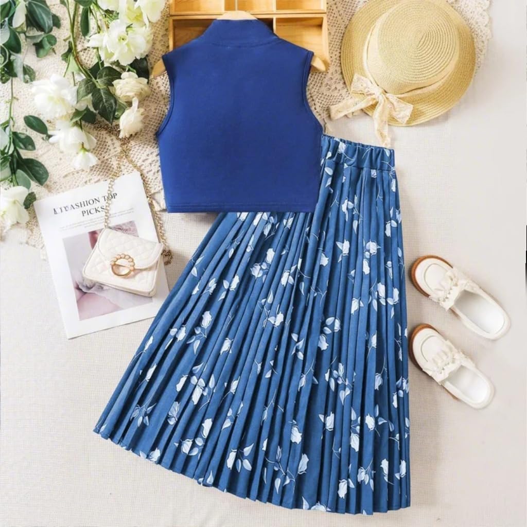 Wholesale Girls' 2 piece outfit Blue summer suit sleeveless vest top printed pleated skirt long skirt 8-12 years