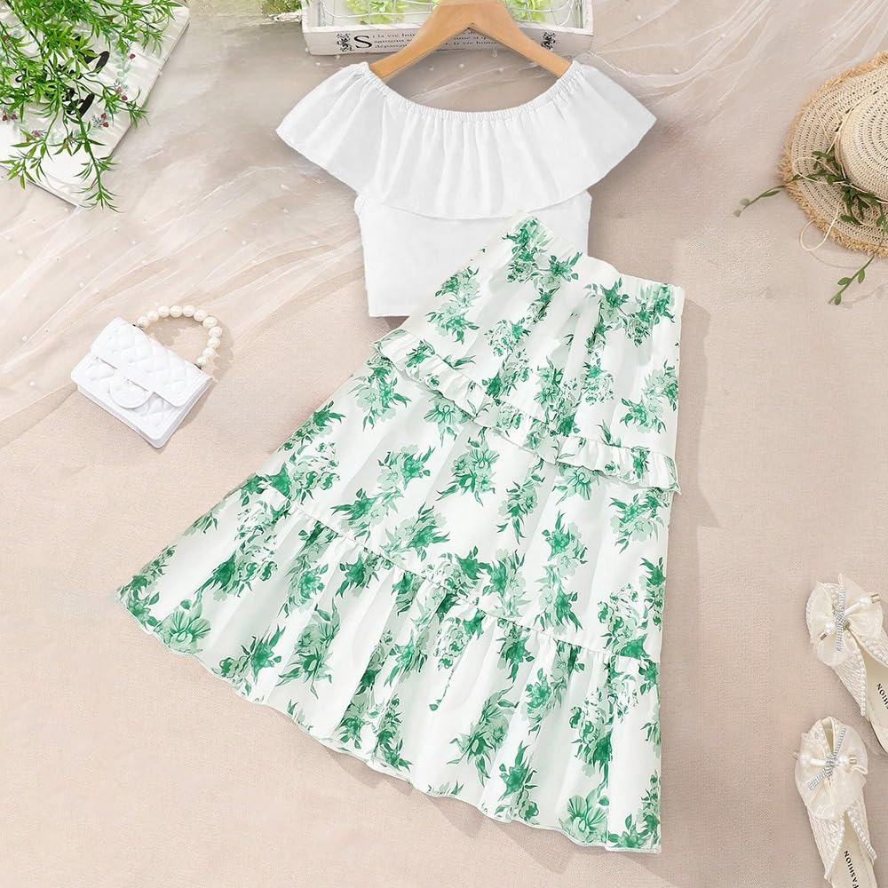 Wholesale Girl's 2 Piece Outfit White Ruffle Off-Shoulder Crop Top and Boho Green Floral Skirt Summer Dress 7-13 Years