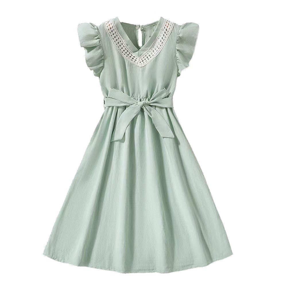 Wholesale Girls summer dress ruffle sleeves V-neck dress A-line skirt, green dress Casual Elegant Dresses 7-13 Years