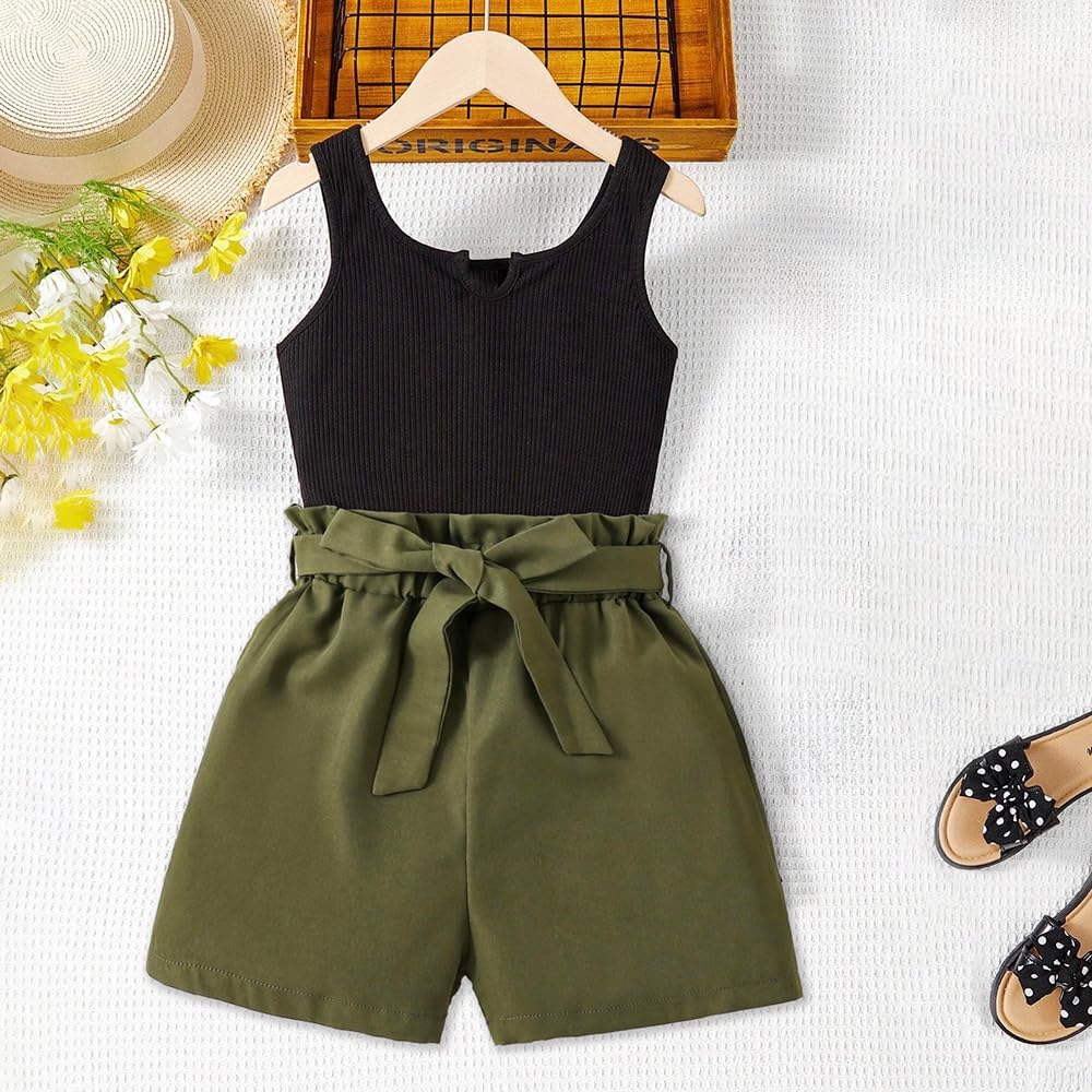 Wholesale Girls 2 Piece Casual Outfit Black Round Neck Tank Top with Paper Bag Waist Army Green Shorts Set 8-12 Years