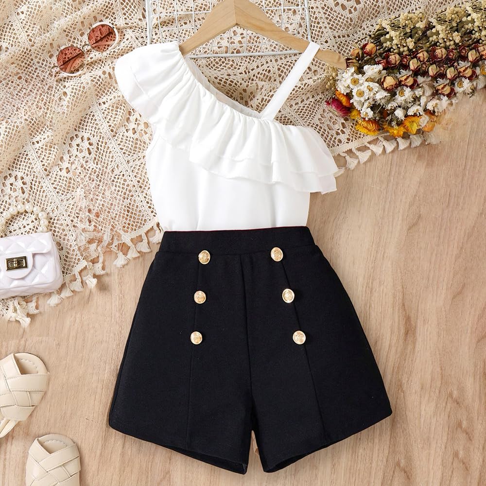 Wholesale Girls' Summer 2 Piece Shorts Set Ruffle Edge Off Shoulder Sleeveless T-shirt and Folded Hem Button Shorts Outfits Set