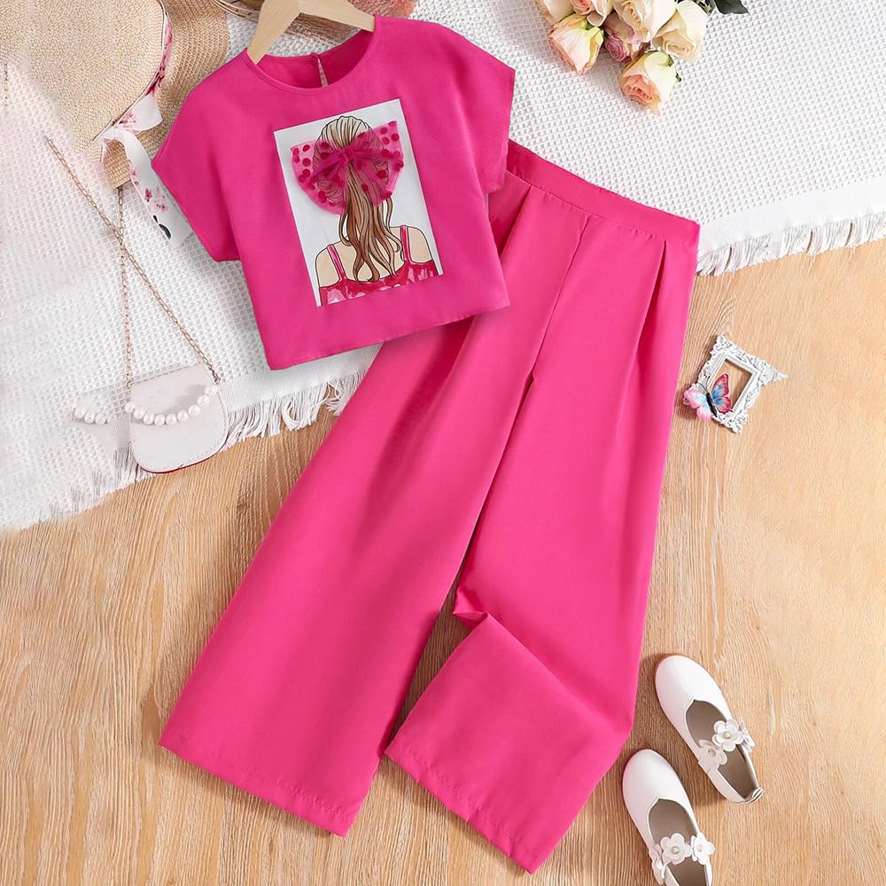 Wholesale Girl's Summer 2 Piece Outfits Bow Mesh Embellished Short Sleeve Top Solid Color Pants Wide Leg Pants Clothing Set