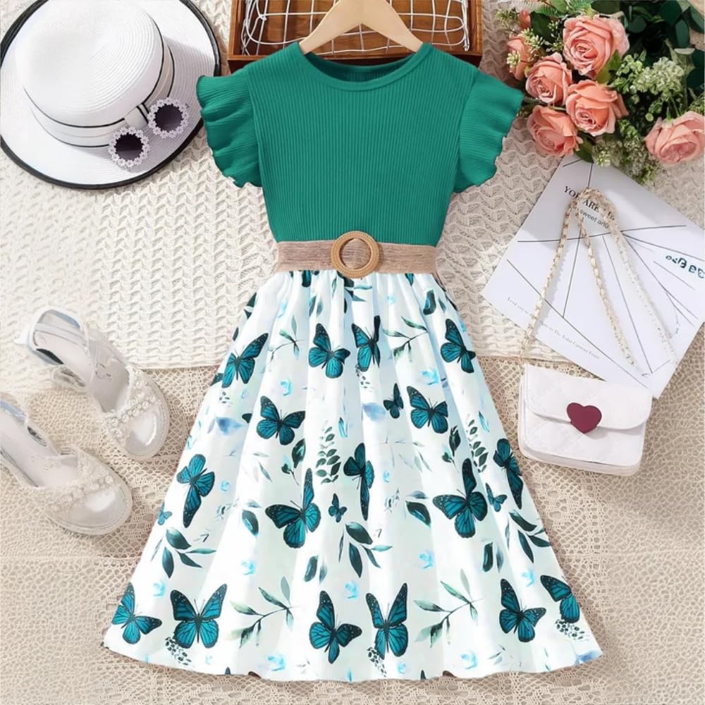 Wholesale Girls' Dress Round Neck Floral Cuffs A-line Long Dress Butterfly Print Dress Female Children's Dress 7-13 Years