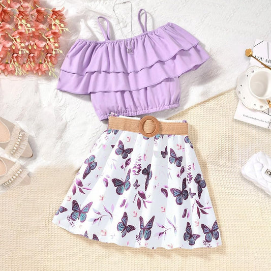 Wholesale Girl's 2 Pieces Outfits one-shoulder suspender purple Layered Crop Top and butterfly print skirt set 8-12 Years