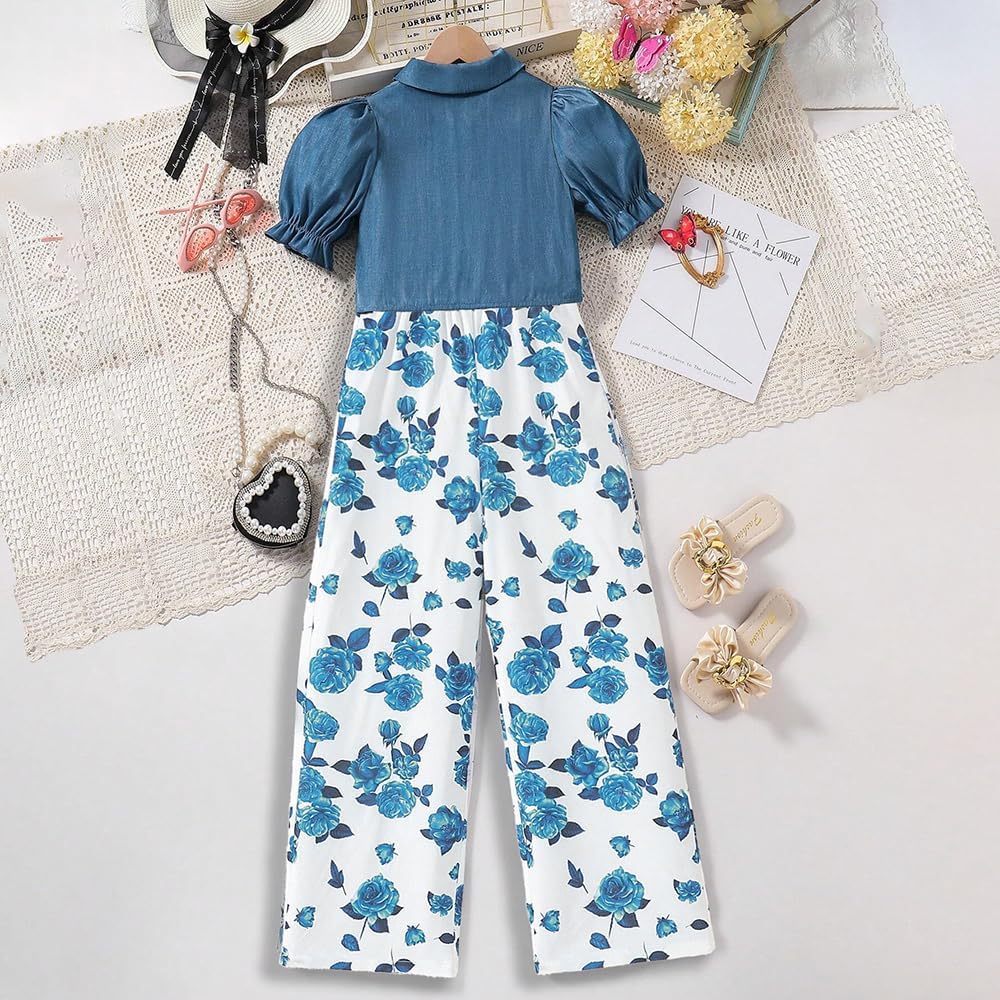 Wholesale Girl's 2 Piece Outfits Puff Sleeves Shirt Crop Top and Blue Rose Print Wide Leg Pants Jumpsuit Set 8-12 Years