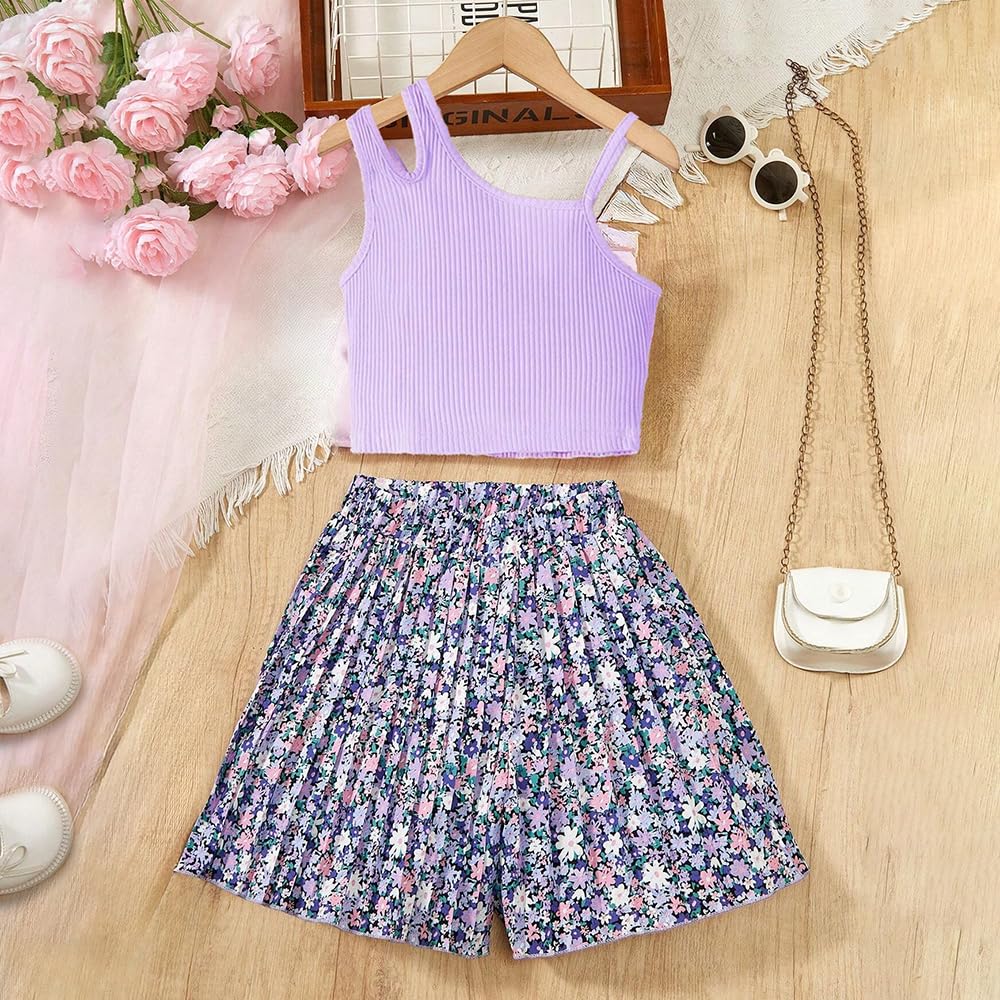 Wholesale Girl's Summer 2 Piece Outfits Short Sets Purple Vest Cami Crop Top Floral Printed Shorts 8-12 Years