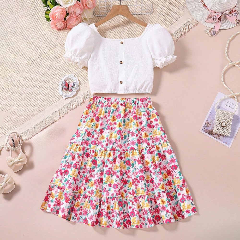 Wholesale Girl's 2 Piece Outfit White Bubble Lace Sleeve Top Fragmented Flower Print Skirt Set 7-13 Years