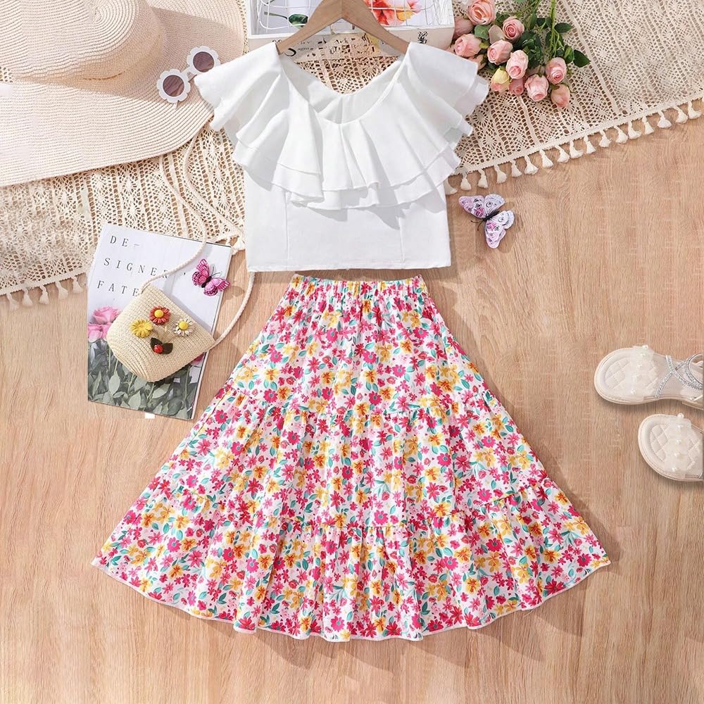 Wholesale Girls' 2 Piece Outfit Summer Skirt Suit Ruffle White Sleeveless Top Digital Print Floral Skirt Set 7-13 Years