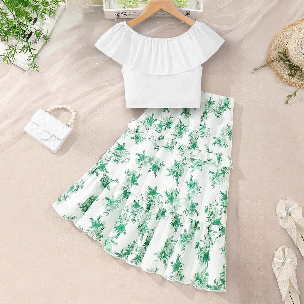 Wholesale Girl's 2 Piece Outfit White Ruffle Off-Shoulder Crop Top and Boho Green Floral Skirt Summer Dress 8-12 Years