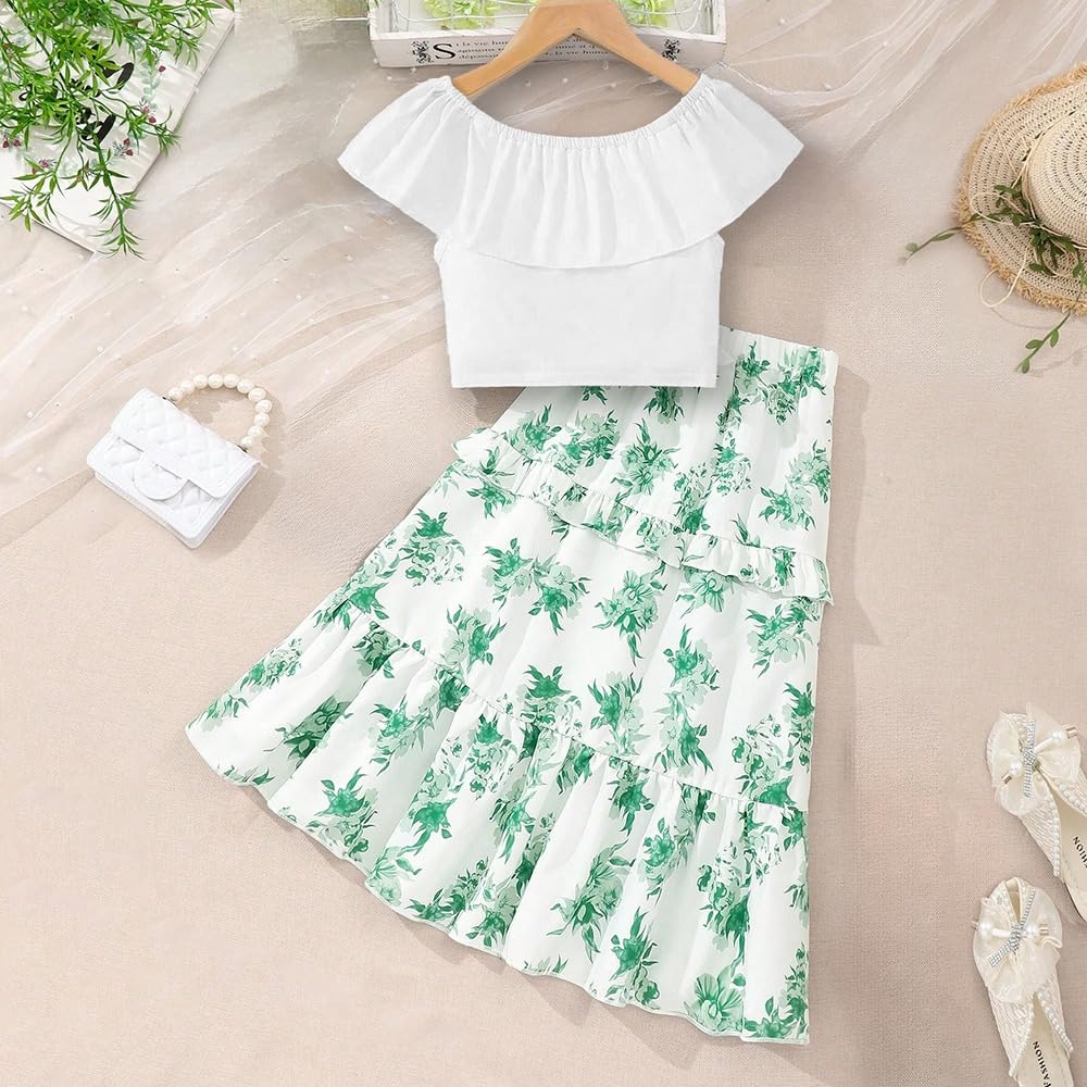 Wholesale Girl's 2 Piece Outfit White Ruffle Off-Shoulder Crop Top and Boho Green Floral Skirt Summer Dress 7-13 Years