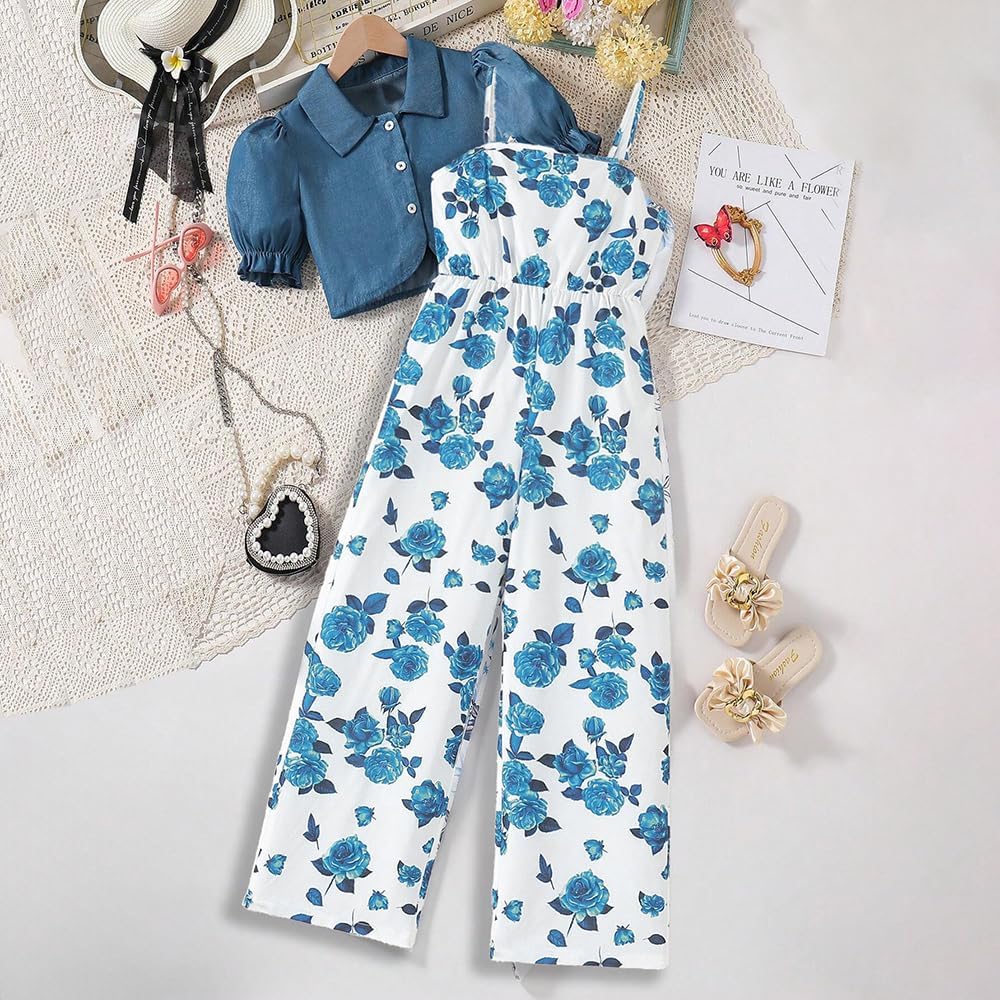 Wholesale Girl's 2 Piece Outfits Puff Sleeves Shirt Crop Top and Blue Rose Print Wide Leg Pants Jumpsuit Set 8-12 Years