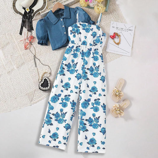 Wholesale Girl's 2 Piece Outfits Puff Sleeves Shirt Crop Top and Blue Rose Print Wide Leg Pants Jumpsuit Set 8-12 Years