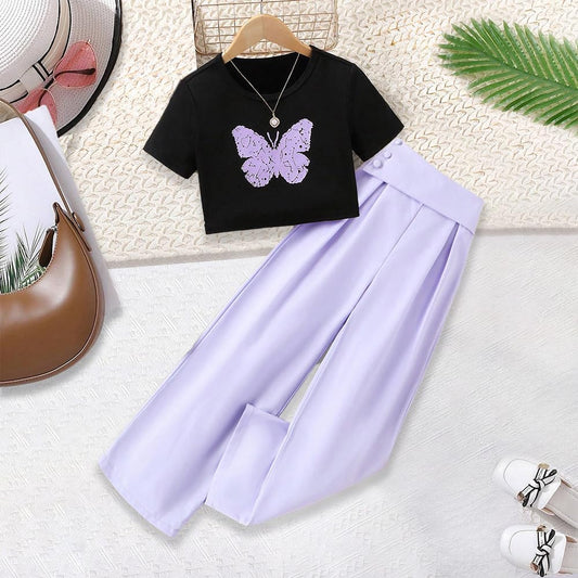 Wholesale Girls' Dress, Summer 2 Pcs Outfit Butterfly Pattern Print T-Shirt Sleeve Shorts and Purple Button Up Loose Pants 8-12 Years