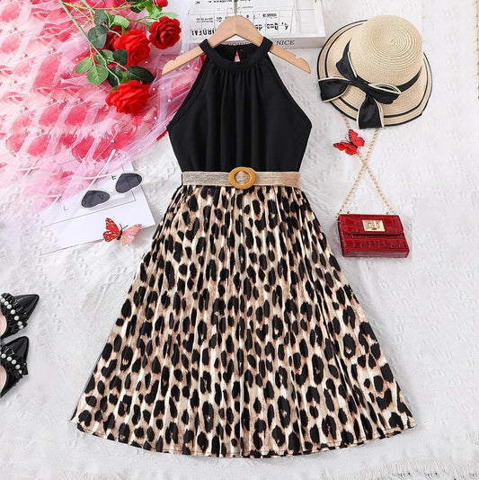 Wholesale Girls' Dress, Leopard Print Sleeveless Dress Sleeveless Hanging Neck Dress with Belt Decoration 8-12 Years