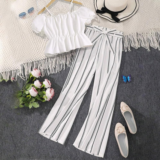 Wholesale Summer Girl's Summer 2 Piece Outfits, White Halter One Shoulder Top and Striped Pants Clothing Set 8-12 Years