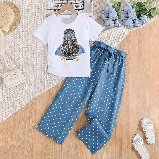 Wholesale Summer Girl's Outfits 2 Piece Set, Patterned Short Sleeve T-Shirt and Polka Dot Long Pants Clothing Set Size 8-12 Years